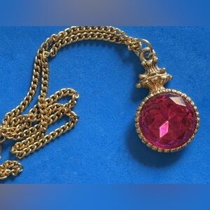 Vintage 1980's Ruby Red Raised Stone Necklace with Gold Tone Accent